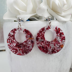 Handmade real flower resin round stud drop earrings made with rose petals and silver flakes - Flower Earrings, Resin Flower Jewelry, Bridal Gifts