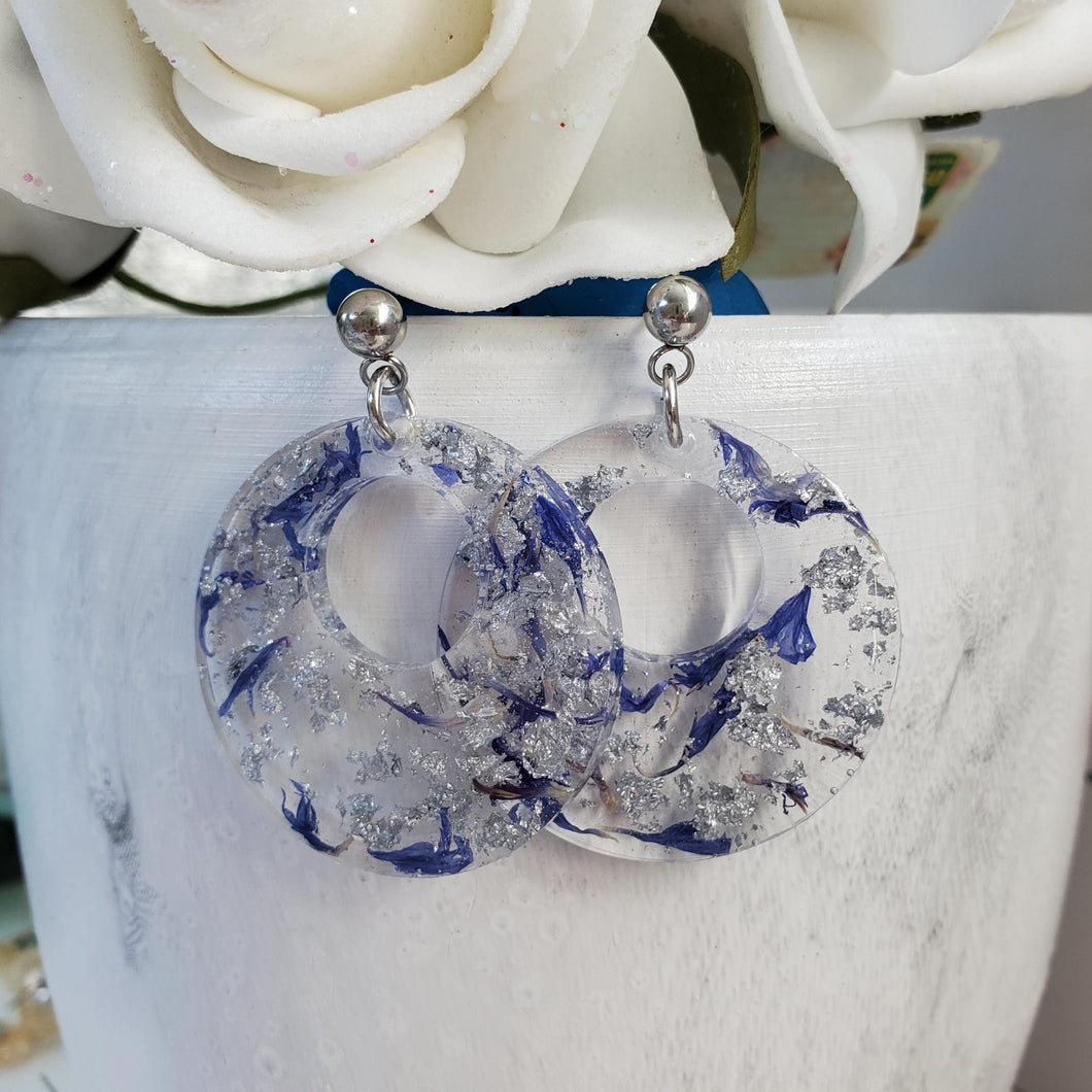Handmade real flower resin round stud drop earrings made with blue cornflower and silver flakes - Flower Earrings, Resin Flower Jewelry, Bridal Gifts