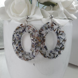 Handmade real flower oval post earrings made with lavender petals and silver leaf preserved in resin. - Blue Earrings, Flower Earrings, Resin Flower Jewelry