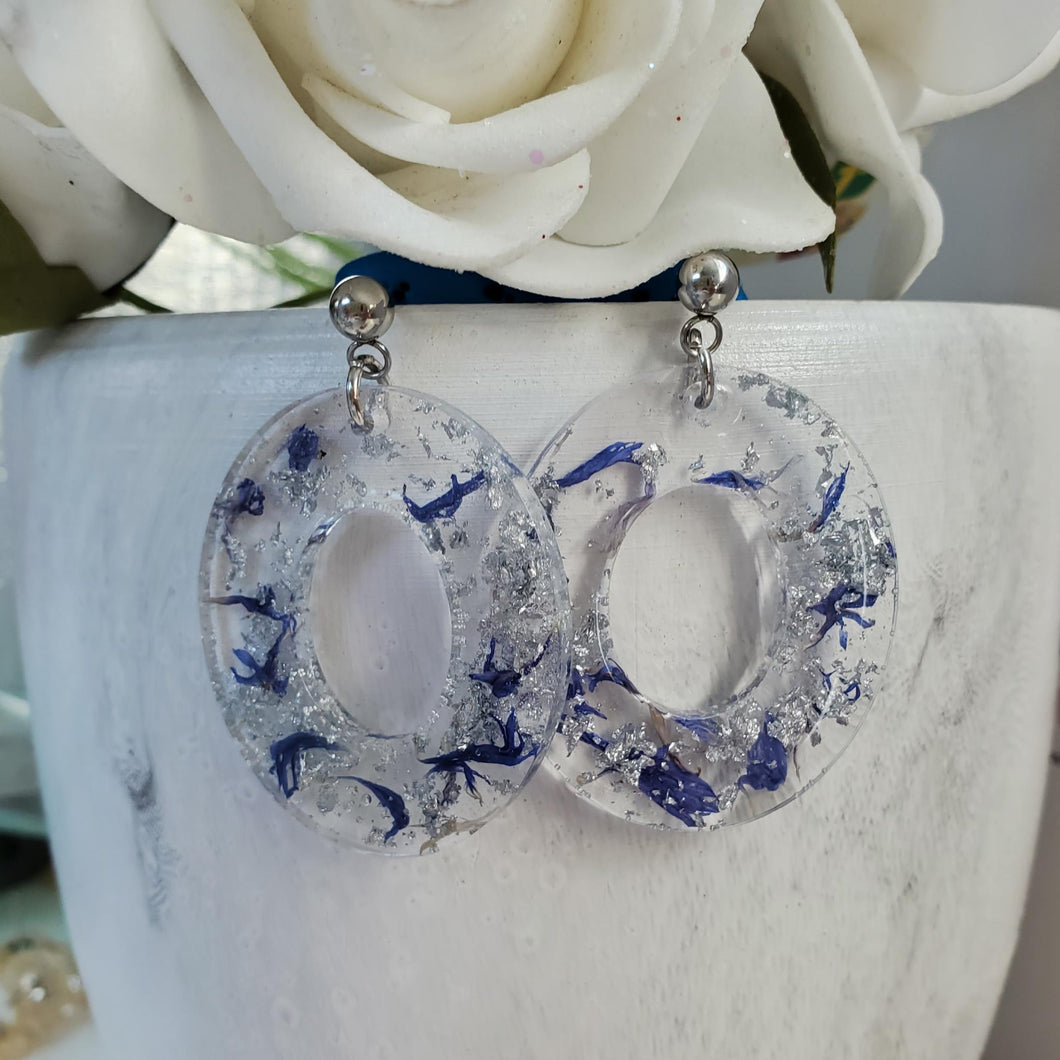 Handmade real flower resin oval drop stud earrings with blue cornflower and silver flakes. - Flower Earrings, Resin Flower Jewelry, Bridesmaid Gifts