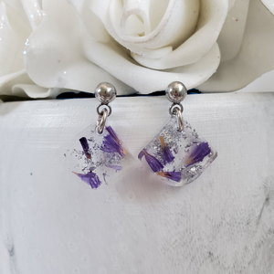 Handmade real flower resin bell shape stud earrings made with statice and silver flakes. - Flower Earrings, Post Earrings, Bridal Gifts