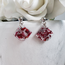 Load image into Gallery viewer, Handmade real flower resin bell shape stud earrings made with red rose petals and silver flakes. - Flower Earrings, Post Earrings, Bridal Gifts