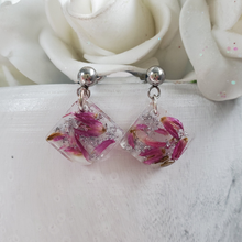 Load image into Gallery viewer, Handmade real flower resin bell shape stud earrings made with red clover flowers and silver flakes. - Flower Earrings, Post Earrings, Bridal Gifts