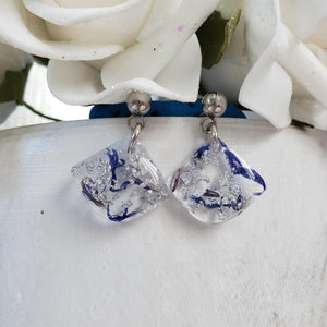 Handmade real flower resin bell shape stud earrings made with blue cornflower and silver flakes. - Flower Earrings, Post Earrings, Bridal Gifts