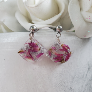 Handmade real flower resin bell shape stud earrings made with red clover flowers and silver flakes. - Flower Earrings, Post Earrings, Bridal Gifts