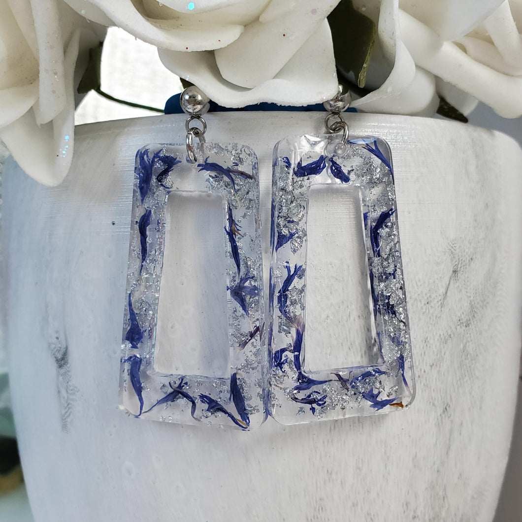 handmade real flower rectangular drop stud earrings made with blue cornflower and silver flakes. - Flower Earrings, Rectangular Earrings, Bridesmaid Gifts