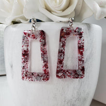 Load image into Gallery viewer, handmade real flower rectangular drop stud earrings made with red rose petals and silver flakes. - Flower Earrings, Rectangular Earrings, Bridesmaid Gifts