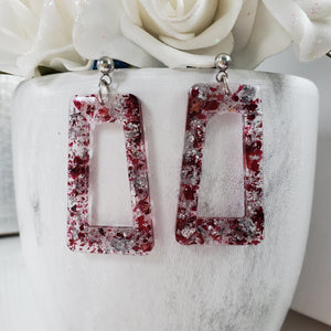 handmade real flower rectangular drop stud earrings made with red rose petals and silver flakes. - Flower Earrings, Rectangular Earrings, Bridesmaid Gifts