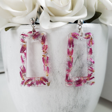 Load image into Gallery viewer, handmade real flower rectangular drop stud earrings made with red clover flowers and silver flakes. - Flower Earrings, Rectangular Earrings, Bridesmaid Gifts
