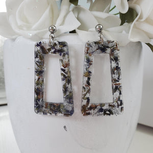 handmade real flower rectangular drop stud earrings made with lavender petals and silver flakes. - Flower Earrings, Rectangular Earrings, Bridesmaid Gifts
