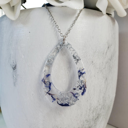 Handmade real flower resin teardrop necklace made with blue cornflower and silver flakes. -  Teardrop Necklace, Flower Necklace, Necklaces