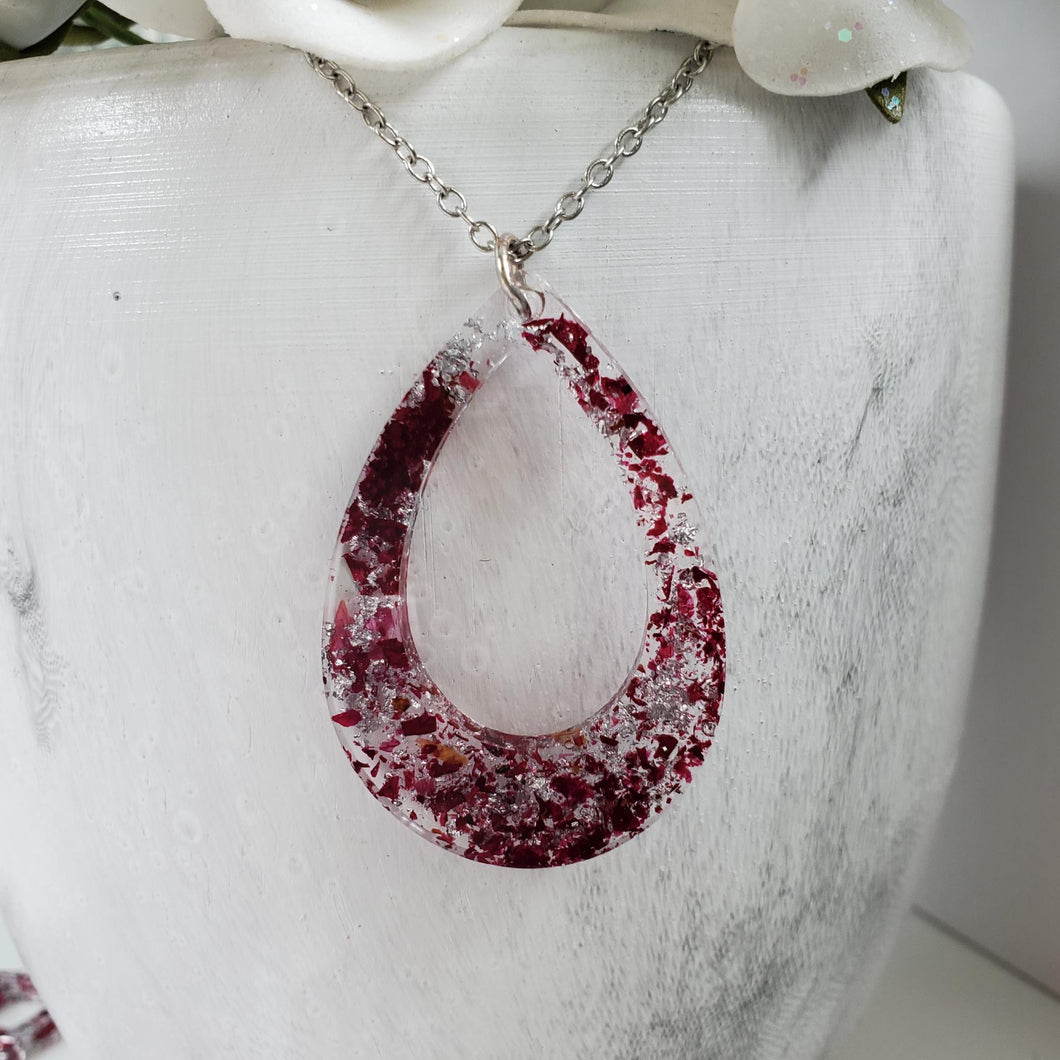 Handmade real flower resin teardrop necklace made with rose petals and silver flakes. - Teardrop Necklace, Flower Necklace, Necklaces