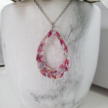 Load image into Gallery viewer, Handmade real flower resin teardrop necklace made with red clover flowers and silver flakes. - Teardrop Necklace, Flower Necklace, Necklaces