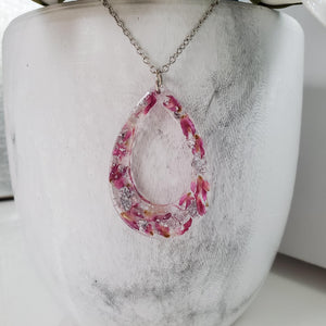 Handmade real flower resin teardrop necklace made with red clover flowers and silver flakes. - Teardrop Necklace, Flower Necklace, Necklaces