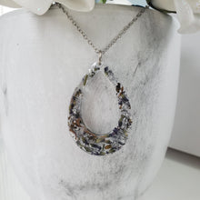 Load image into Gallery viewer, Handmade real flower resin teardrop necklace made with lavender petals and silver flakes. - Teardrop Necklace, Flower Necklace, Necklaces