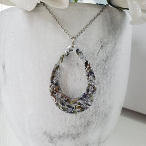 Handmade real flower resin teardrop necklace made with lavender petals and silver flakes. - Teardrop Necklace, Flower Necklace, Necklaces