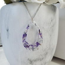 Load image into Gallery viewer, Handmade real flower resin teardrop necklace made with statice and silver flakes. - Teardrop Necklace, Flower Necklace, Necklaces