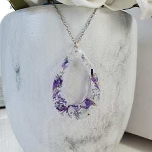 Handmade real flower resin teardrop necklace made with statice and silver flakes. - Teardrop Necklace, Flower Necklace, Necklaces
