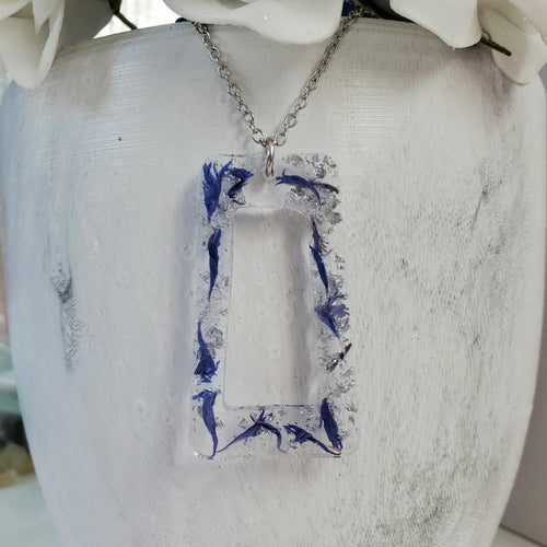Handmade real flower rectangular pendant drop necklace made with blue cornflower and silver flakes. - Pendant Necklace, Flower Necklace, Necklaces