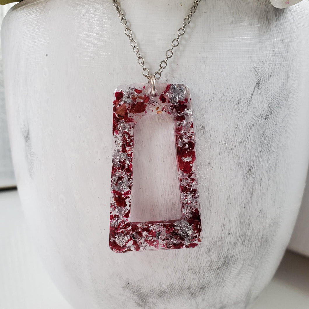 Handmade real flower rectangular pendant drop necklace made with rose petals and silver flakes. - Pendant Necklace, Flower Necklace, Necklaces