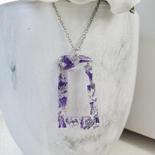 Load image into Gallery viewer, Handmade real flower rectangular pendant drop necklace made with statice and silver flakes. - Pendant Necklace, Flower Necklace, Necklaces