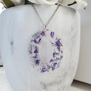 Handmade real flower oval pendant necklace made with statice and silver flakes. - Pendant Necklace, Flower Necklace, Necklaces