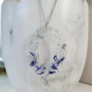 Handmade real flower oval pendant necklace made with blue cornflower and silver flakes. - Pendant Necklace, Flower Necklace, Necklaces