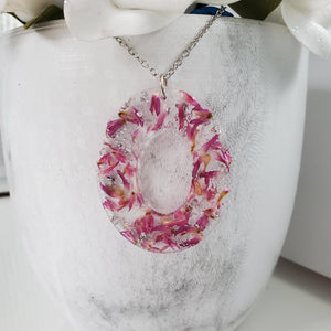 Handmade real flower oval pendant necklace made with red clover flowers and silver flakes. - Pendant Necklace, Flower Necklace, Necklaces