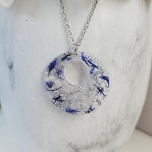 Handmade real flower circle pendant necklace made with blue cornflower and silver flakes preserved in resin. - Dried Flower Pendant, Flower Necklace, Necklaces