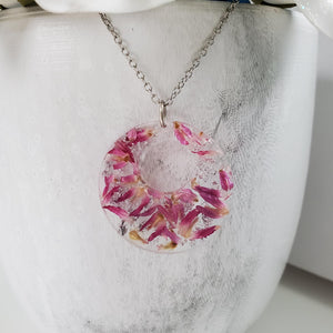 Handmade real flower circle pendant necklace made with red clover flowers and silver flakes preserved in resin. - Dried Flower Pendant, Flower Necklace, Necklaces