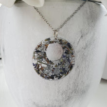 Load image into Gallery viewer, Handmade real flower circle pendant necklace made with lavender petals and silver flakes preserved in resin. - Dried Flower Pendant, Flower Necklace, Necklaces