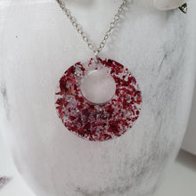 Load image into Gallery viewer, Handmade real flower circle pendant necklace made with rose petals and silver flakes preserved in resin. - Dried Flower Pendant, Flower Necklace, Necklaces