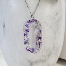 Load image into Gallery viewer, Handmade real flower rectangular pendant necklace made with statice and silver flakes. Flower Necklace, Rectangular Necklace, Necklaces