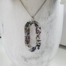 Load image into Gallery viewer, Handmade real flower rectangular pendant necklace made with lavender petals and silver flakes. Flower Necklace, Rectangular Necklace, Necklaces