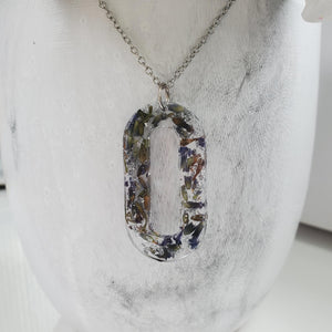 Handmade real flower rectangular pendant necklace made with lavender petals and silver flakes. Flower Necklace, Rectangular Necklace, Necklaces