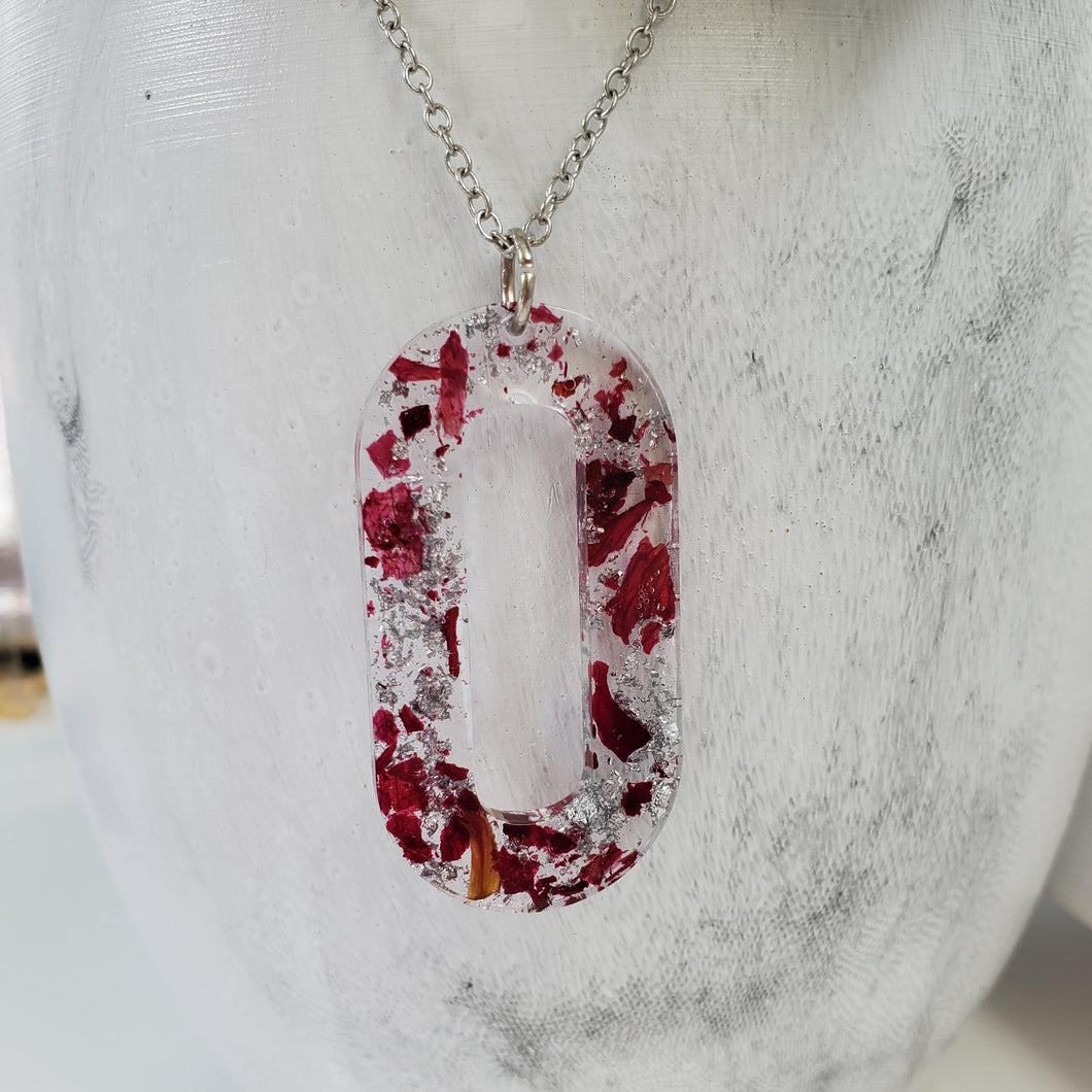 Handmade real flower rectangular pendant necklace made with rose petals and silver flakes. Flower Necklace, Rectangular Necklace, Necklaces