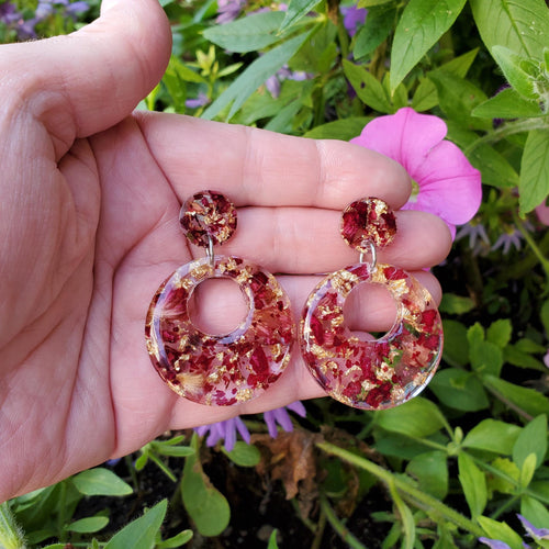 Handmade real flower long circular drop post earrings made with rose petals and gold leaf preserved in resin. - Long Earrings, Pink Earrings, Earrings