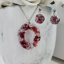 Load image into Gallery viewer, Handmade real flower oval drop pendant necklace accompanied by a pair of dangling stud circular earrings made with rose petals and silver flakes preserved in resin. - Jewelry Sets, Flower Jewelry, Bridesmaid Gifts