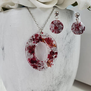 Handmade real flower oval drop pendant necklace accompanied by a pair of dangling stud circular earrings made with rose petals and silver flakes preserved in resin. - Jewelry Sets, Flower Jewelry, Bridesmaid Gifts