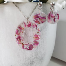 Load image into Gallery viewer, Handmade real flower oval drop pendant necklace accompanied by a pair of dangling stud circular earrings made with red clover flowers and silver flakes preserved in resin. - Jewelry Sets, Flower Jewelry, Bridesmaid Gifts