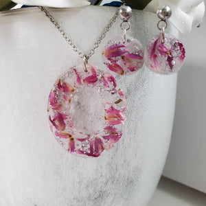Handmade real flower oval drop pendant necklace accompanied by a pair of dangling stud circular earrings made with red clover flowers and silver flakes preserved in resin. - Jewelry Sets, Flower Jewelry, Bridesmaid Gifts