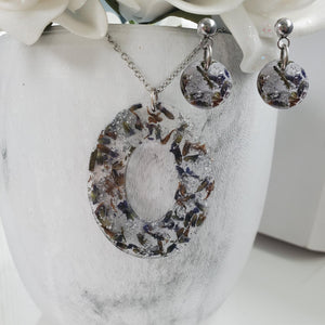 Handmade real flower oval drop pendant necklace accompanied by a pair of dangling stud circular earrings made with lavender petals and silver flakes preserved in resin. - Jewelry Sets, Flower Jewelry, Bridesmaid Gifts