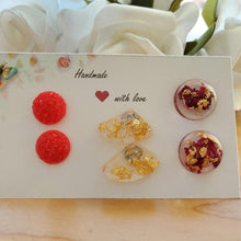 Load image into Gallery viewer, Flower Stud Earrings, Earrings, Stud Earrings Set - Handmade metallic red druzy earrings, gold flake shell earrings, rose petals and gold flake semi-sphere earrings