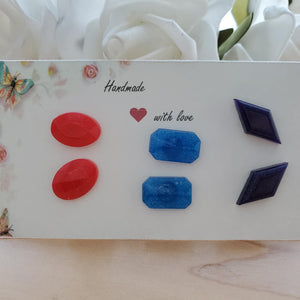 Geometric Earrings, Stud Earrings Set, Earrings -  3 pairs of handmade resin geometric shapes stud post earrings - red / blue / purple