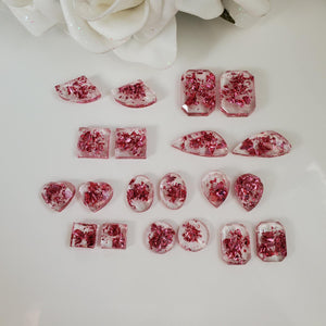 Stud Earrings Set, Earrings, Resin Earrings - handmade resin stud earrings made with pink flakes.