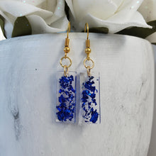 Load image into Gallery viewer, Bar Earrings, Drop Earrings, Resin Earrings, Earrings - Handmade resin short bar earrings- royal blue flakes