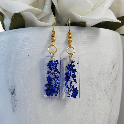 Bar Earrings, Drop Earrings, Resin Earrings, Earrings - Handmade resin short bar earrings- royal blue flakes