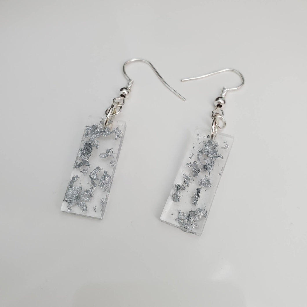 Bar Earrings, Drop Earrings, Resin Earrings, Earrings - Handmade resin short bar earrings- silver flakes