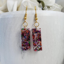 Load image into Gallery viewer, Bar Earrings, Drop Earrings, Resin Earrings, Earrings - Handmade resin short bar earrings- multi-color flakes