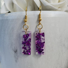 Load image into Gallery viewer, Bar Earrings, Drop Earrings, Resin Earrings, Earrings - Handmade resin short bar earrings- purple flakes